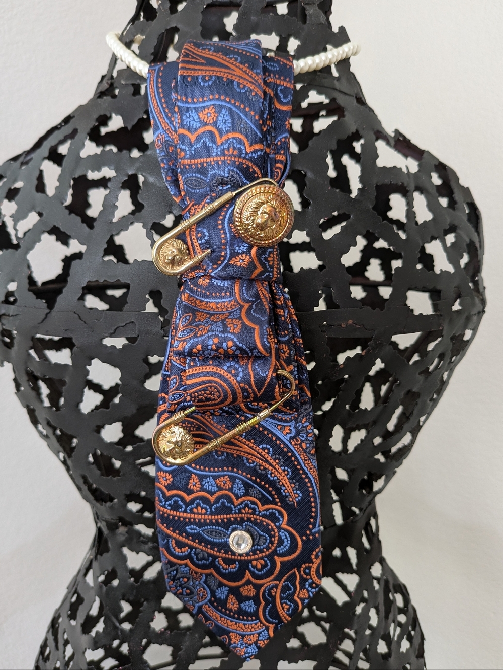 Elegant Navy Blue & Orange Paisley Pendant Necklace with Gold Accents